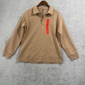 NEW Mondetta Women's M Collared Pullover Sweatshirt Tan Relaxed Fit Ribbed